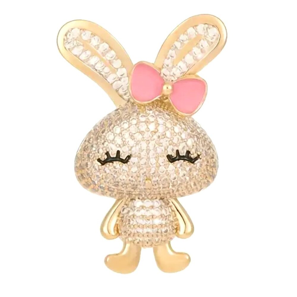 🌺 🌺 🌺 Sparkly Rhinestone Bunny Rabbit Brooch with Pink Bow